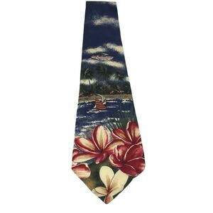 Oscar de la Renta Neckwear Silk Tie-Beach Scene, Plumeria, Boats, Palms